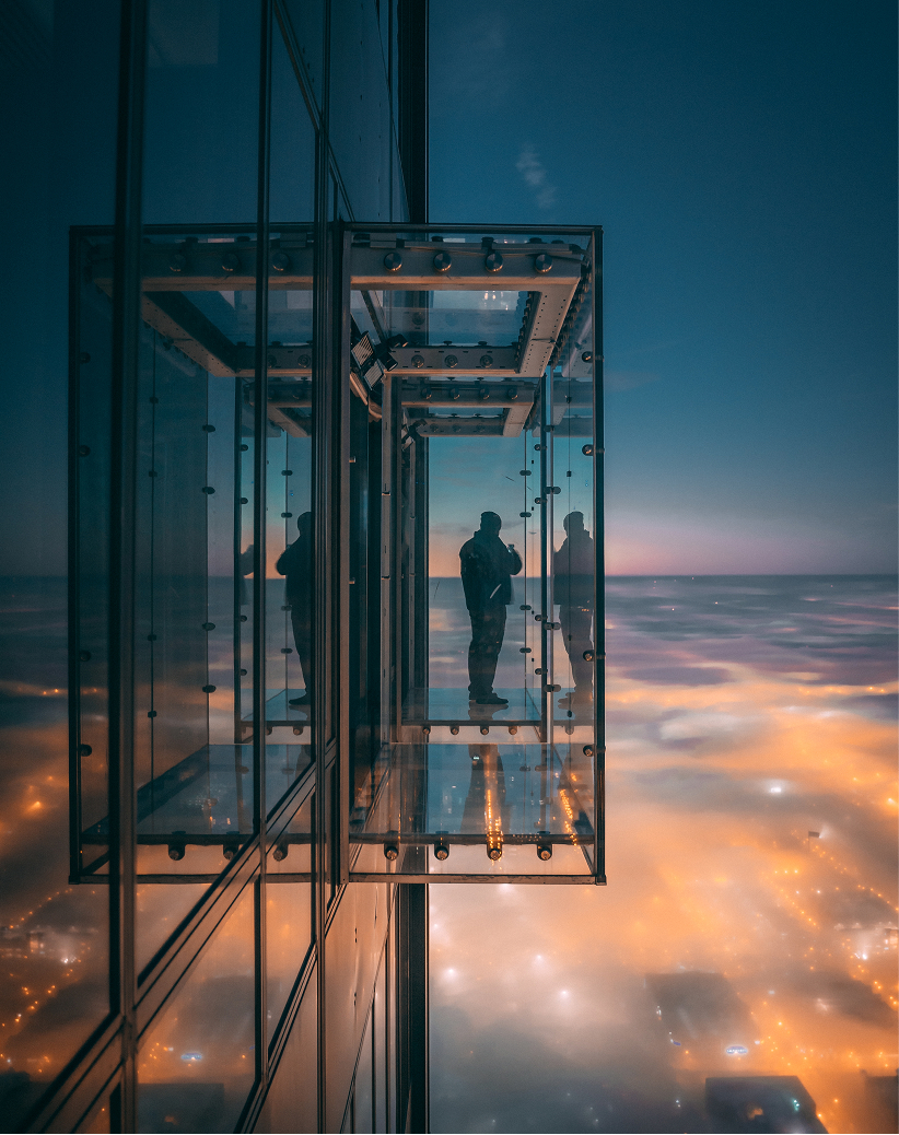 Modern glass elevator viewing platform architecture