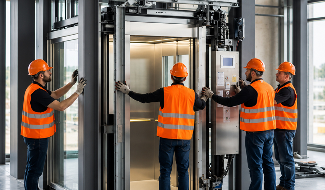 Elevator installation professionals working on a site